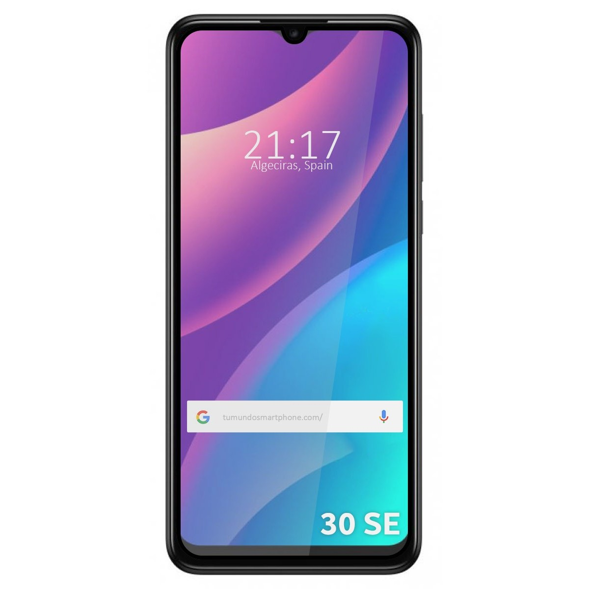 Schermo del telefono con protezione. Mostra l'ora 21:17, Algeciras, Spagna. Testo 30 SE.