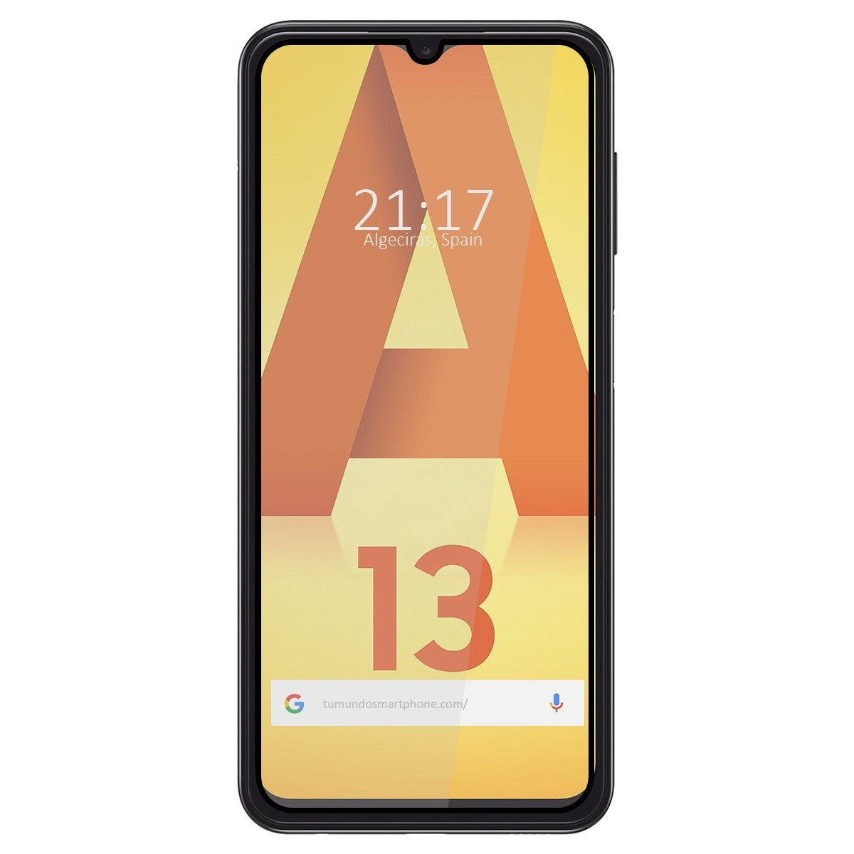 Una pantalla de smartphone con protector, mostrando una interfaz de hora y ubicación.
