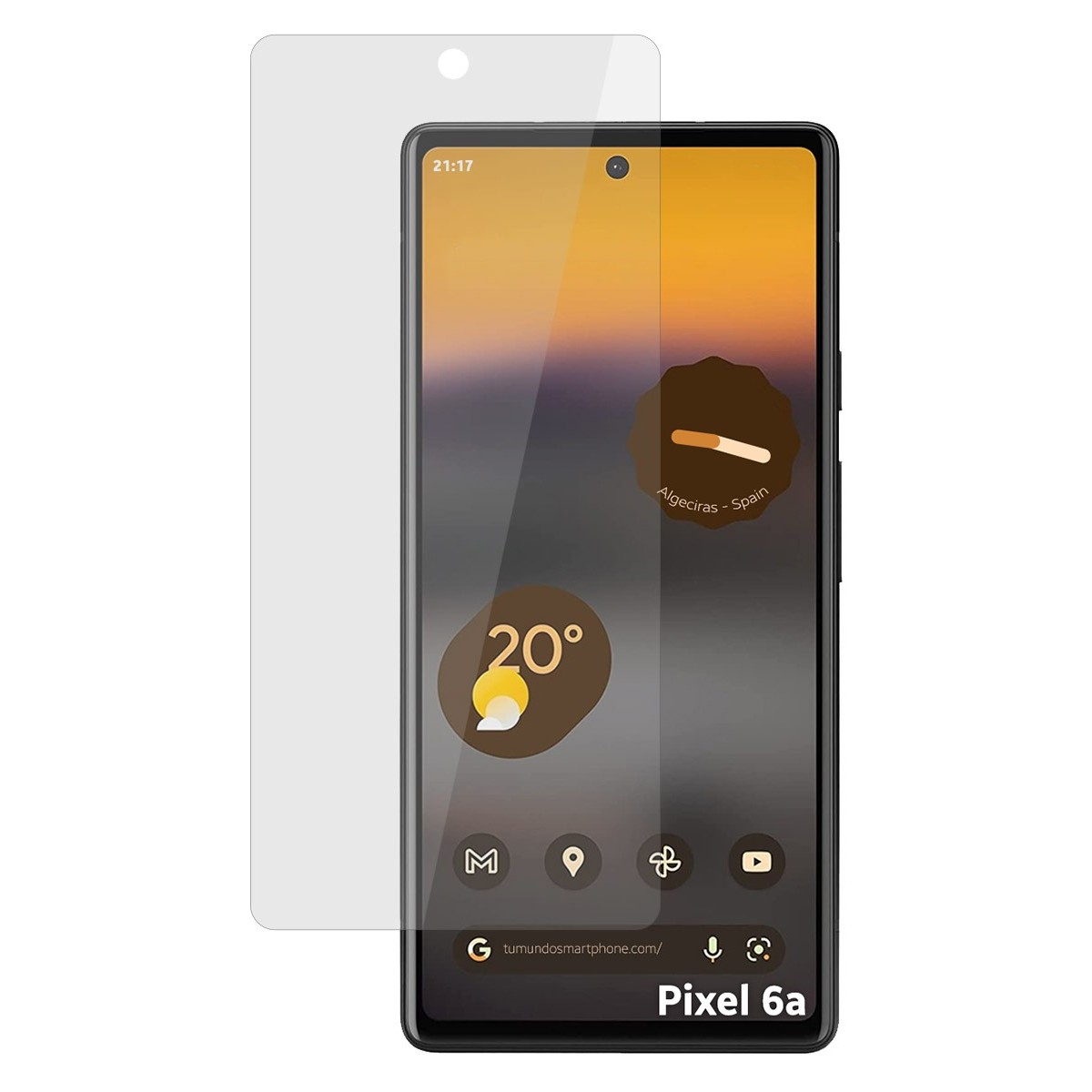 Un telefono e un proteggi schermo. Il telefono mostra l'ora, la data e il meteo. Testo in basso: 'Pixel 6a'.