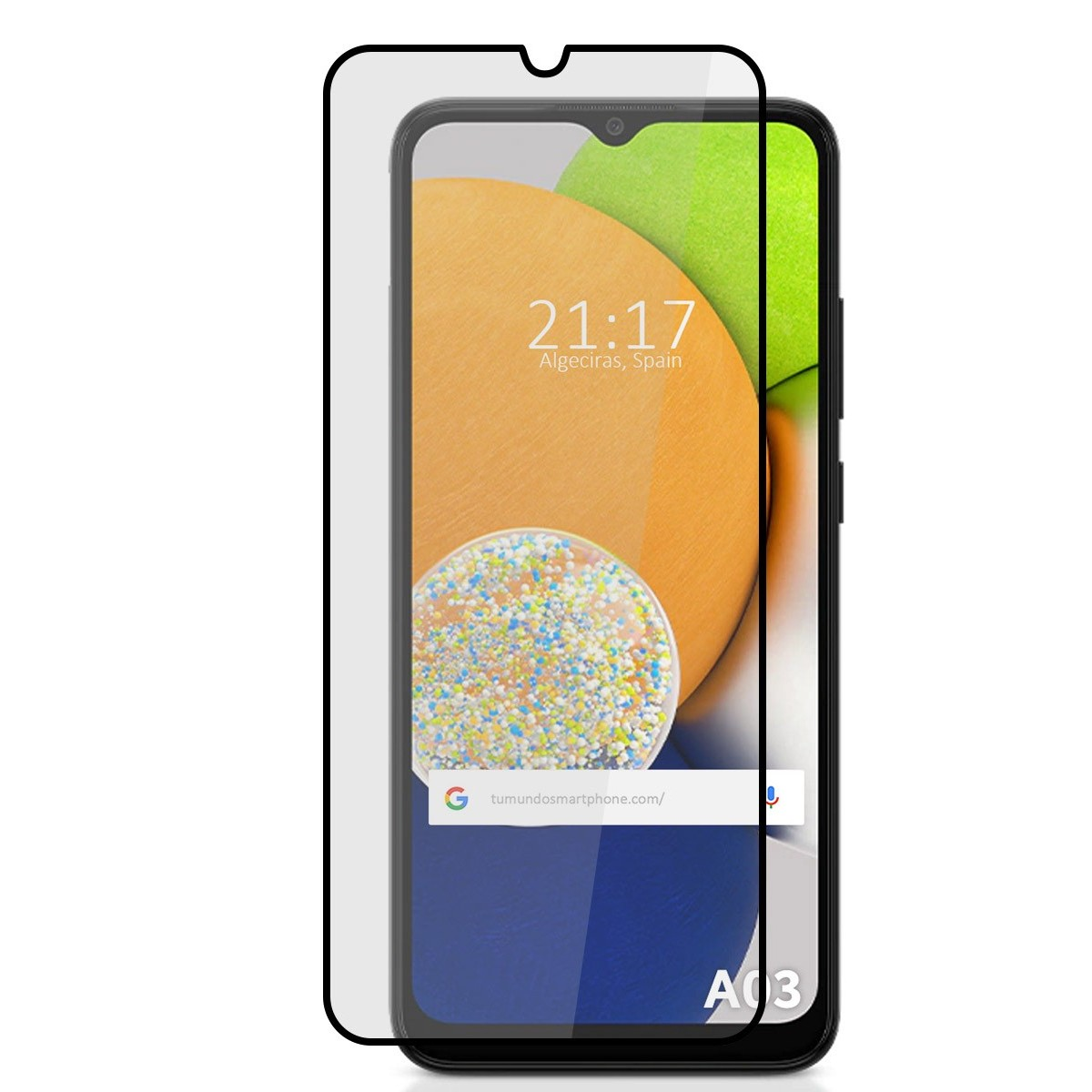 Smartphone con protector de pantalla. Hora: 21:17 Algeciras, España. Barra de búsqueda de Google.