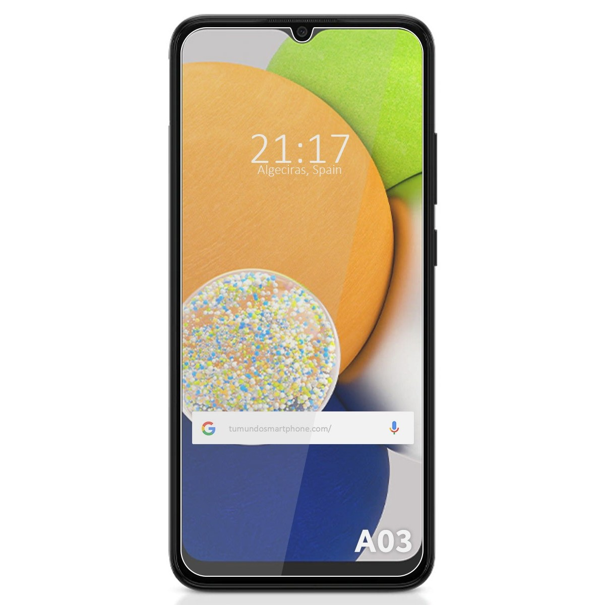 Smartphone con schermo che mostra un design arancione e verde e l'ora.
