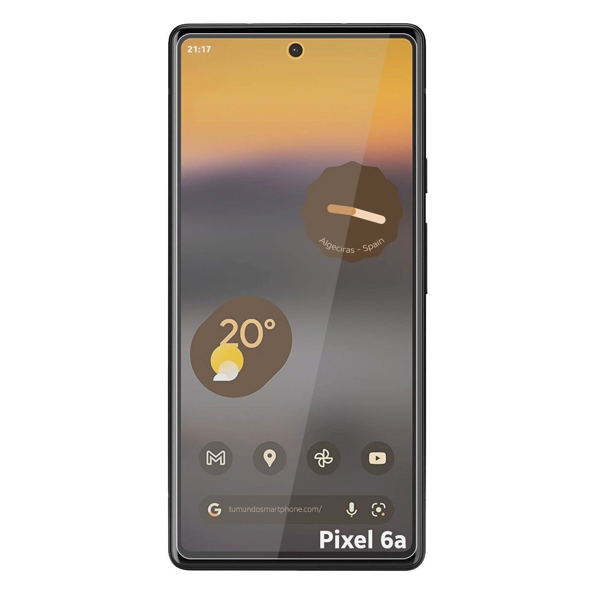 Telefono Pixel 6a con sfondo sfumato e dettagli meteo. L'ora è 21:17, Algeciras, Spagna.