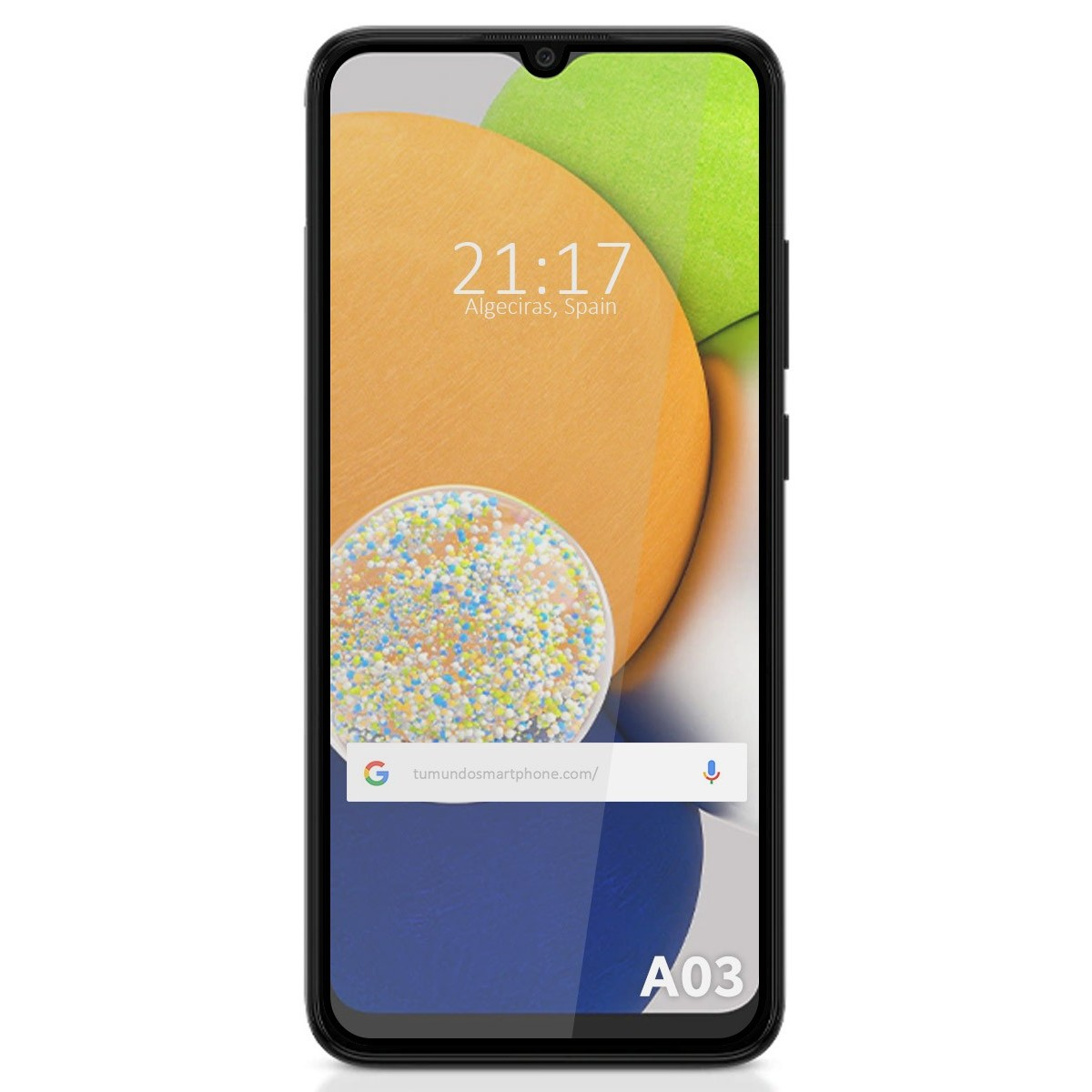 Pantalla de smartphone con protector. Muestra hora, ubicación y modelo A03. El protector es transparente.