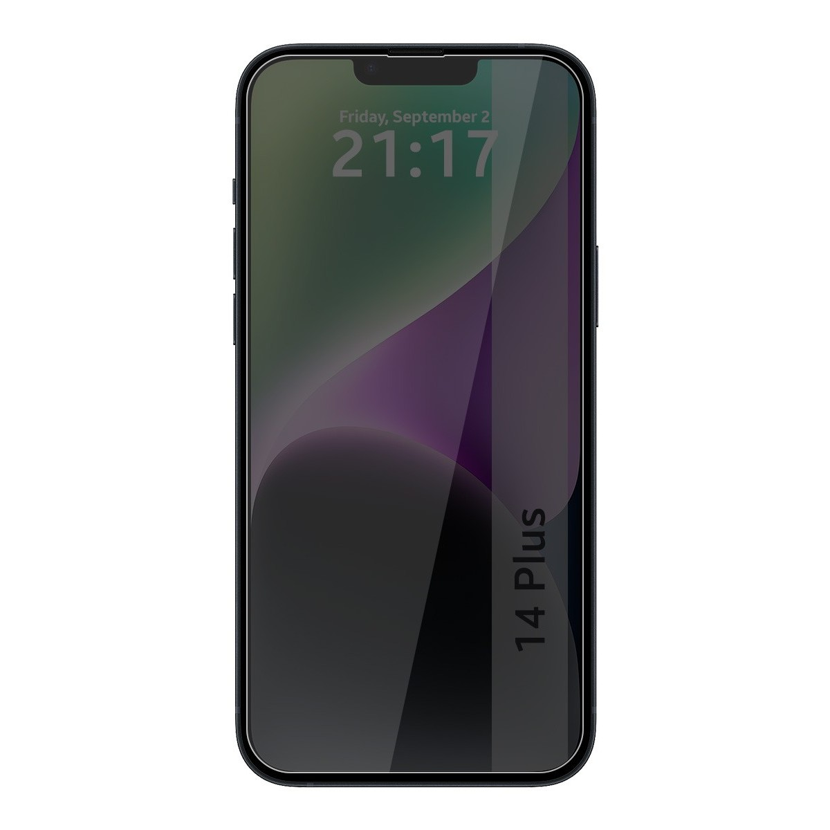 Smartphone nero, mostra ora e posizione sullo schermo. Sfondo bianco.
