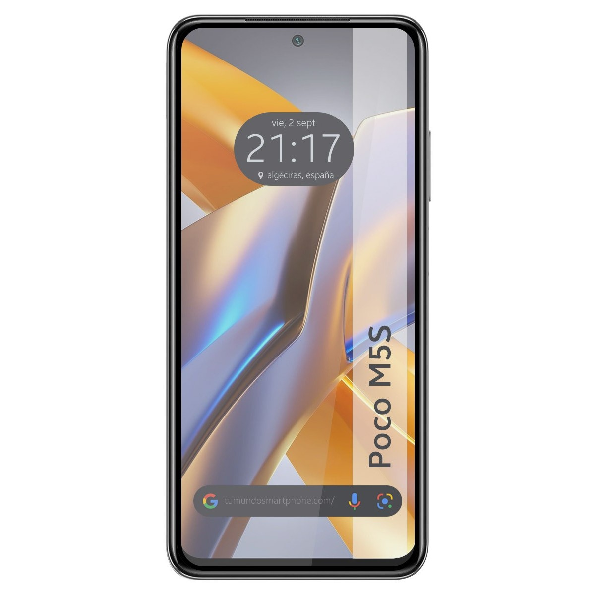 Schermo smartphone con protezione, mostra l'ora e un design.