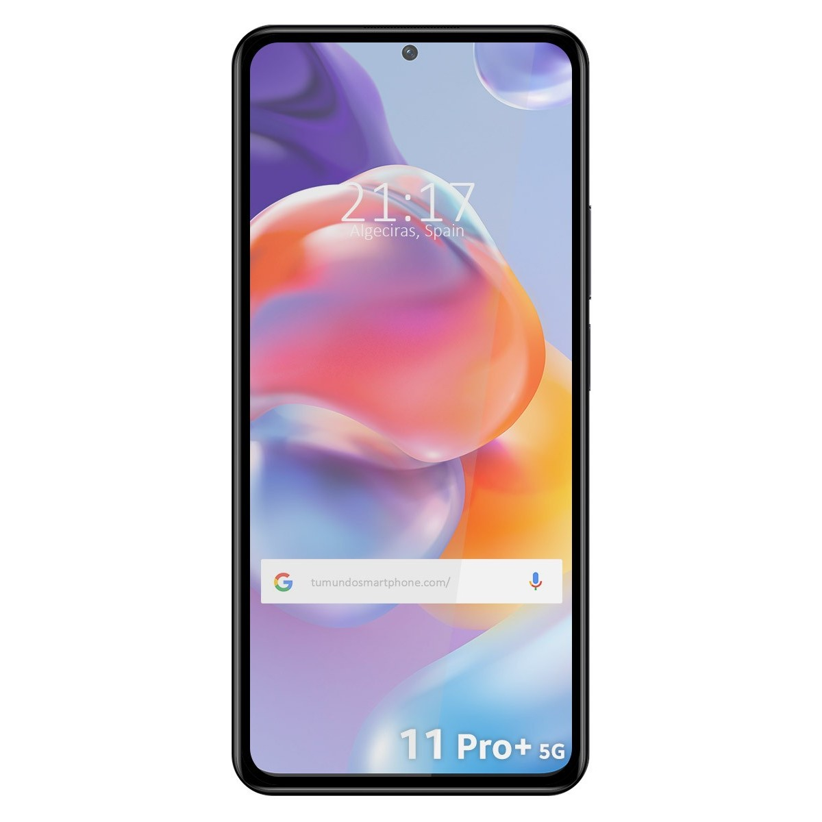 Telefono con schermo, ora, data, posizione e testo '11 Pro+ 5G'.