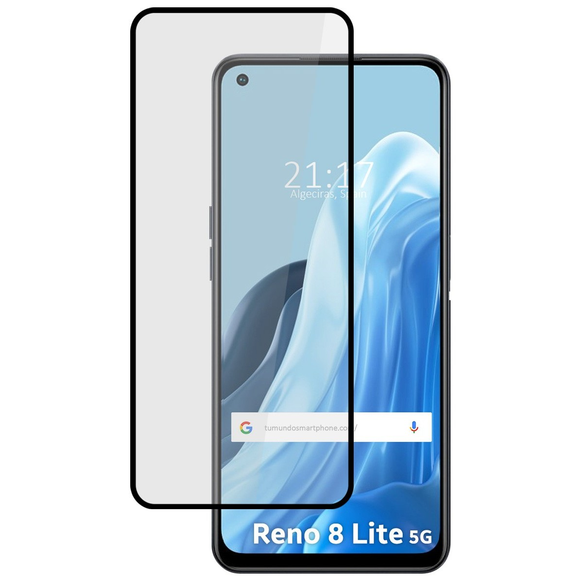 Un telefono con protezione schermo. Lo schermo mostra l'ora e un design astratto blu, con l'etichetta Reno 8 Lite 5G.