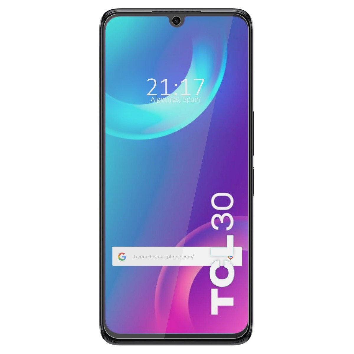 Teléfono TCL 30 con la pantalla encendida. La pantalla muestra la hora y una dirección web.
