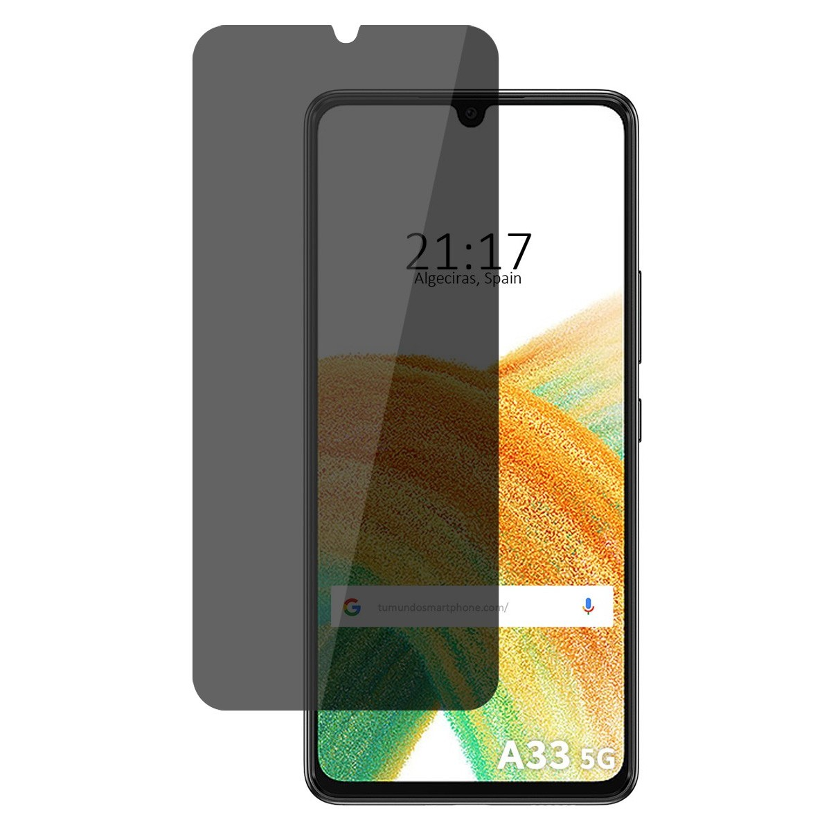 Telefono con protezione schermo. Lo schermo mostra l'ora, la città e il logo. Il telefono ha l'iscrizione A33 5G.