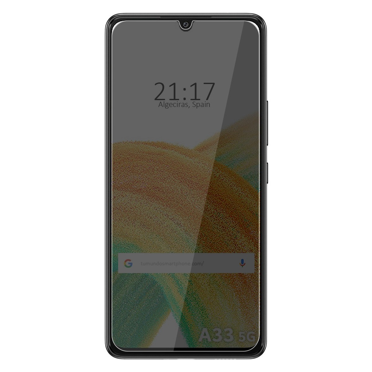 Uno schermo di smartphone che mostra l'ora e la posizione. Il testo è 'A33 5G'.