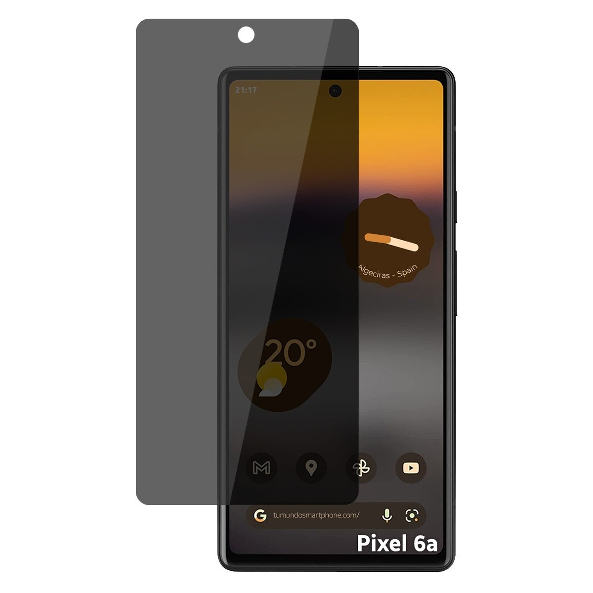 Schermo smartphone con protezione. Mostra ora, luogo e modello Pixel 6a. La protezione è grigio scuro.