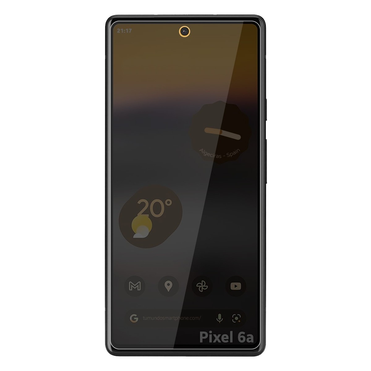 Display dello smartphone Pixel 6a con ora, widget meteo e icone delle app. Corpo del telefono nero.