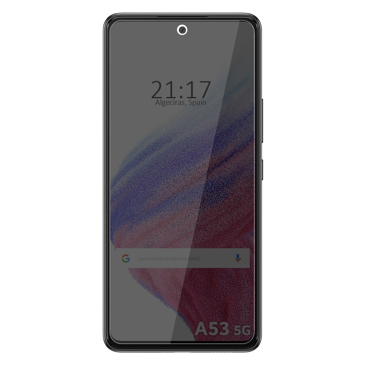 Telefono A53 5G con protezione schermo. Lo schermo mostra l'ora. Viene applicato un filtro scuro.