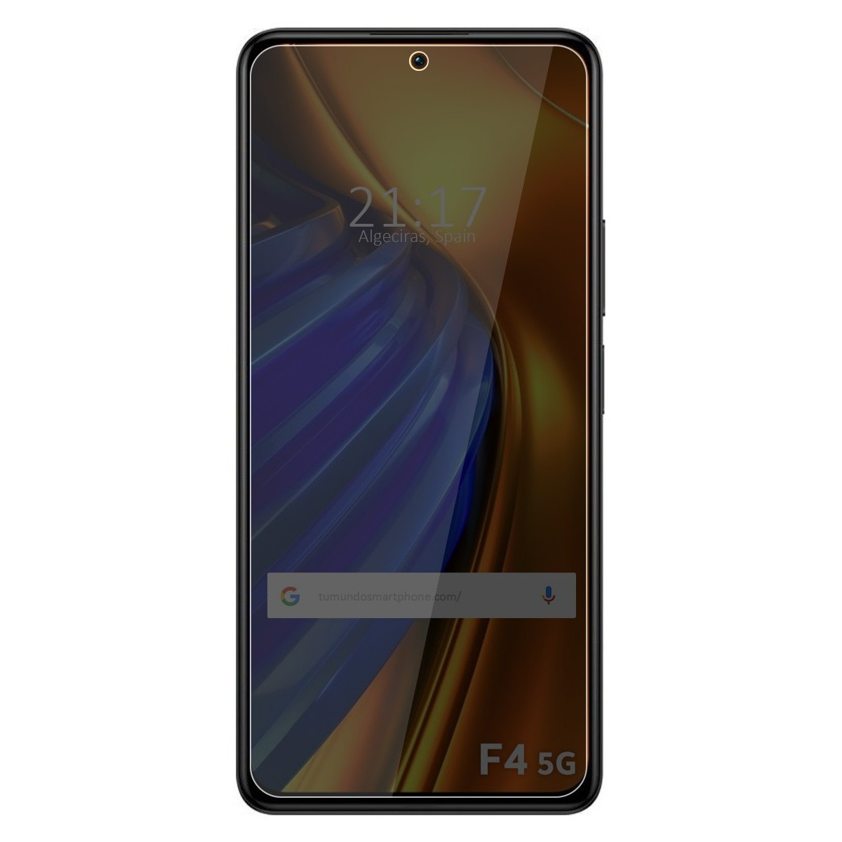 Lo schermo del telefono mostra l'ora e un sito web. Il modello è F4 5G.