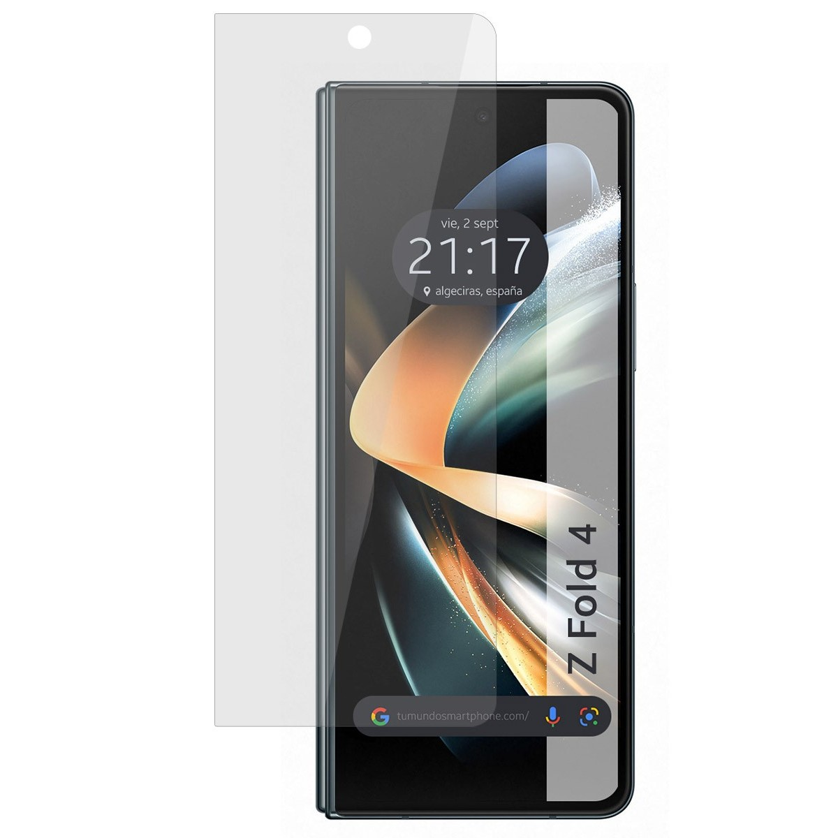 Teléfono con protector de pantalla. Texto: Z Fold 4. La pantalla muestra hora y fecha.