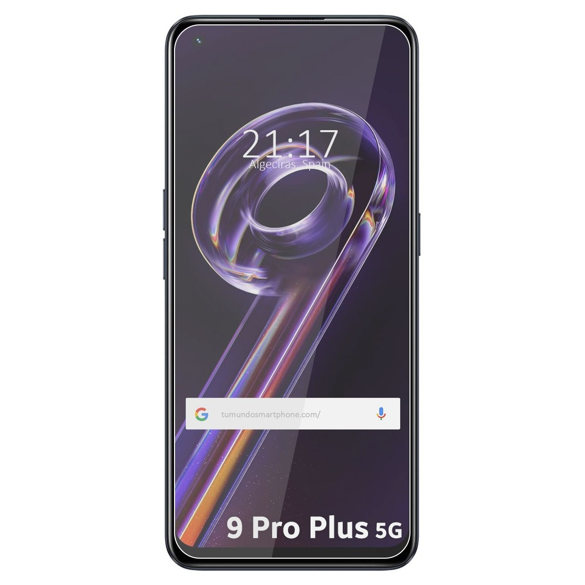Teléfono con pantalla, hora, fecha, ubicación y texto '9 Pro Plus 5G'.