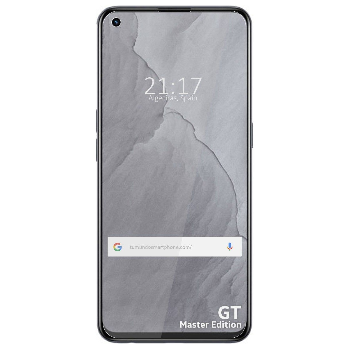 Un teléfono negro muestra hora y fecha. Fondo gris texturizado. Texto 'GT Master Edition'.