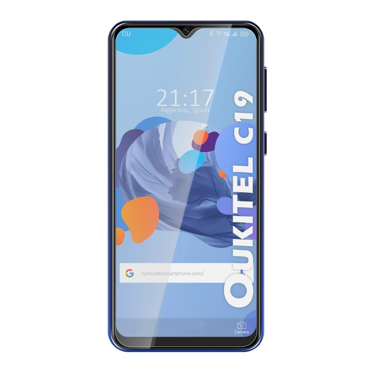 Teléfono con pantalla mostrando 21:17, barra de búsqueda de Google. Modelo: OUKITEL C19.