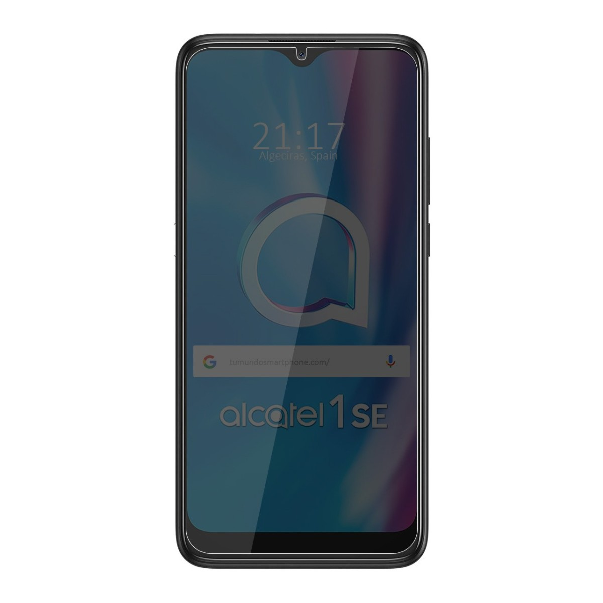 Un teléfono con un logotipo de Alcatel 1 SE. La pantalla muestra la hora y un fondo degradado púrpura.