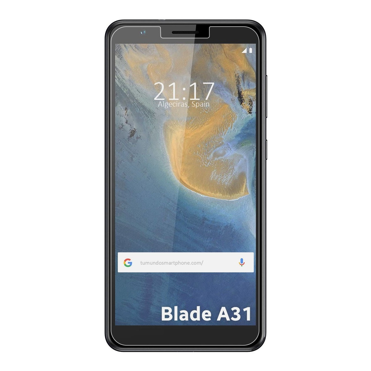 Smartphone negro con pantalla de hora y web, con texto Blade A31.