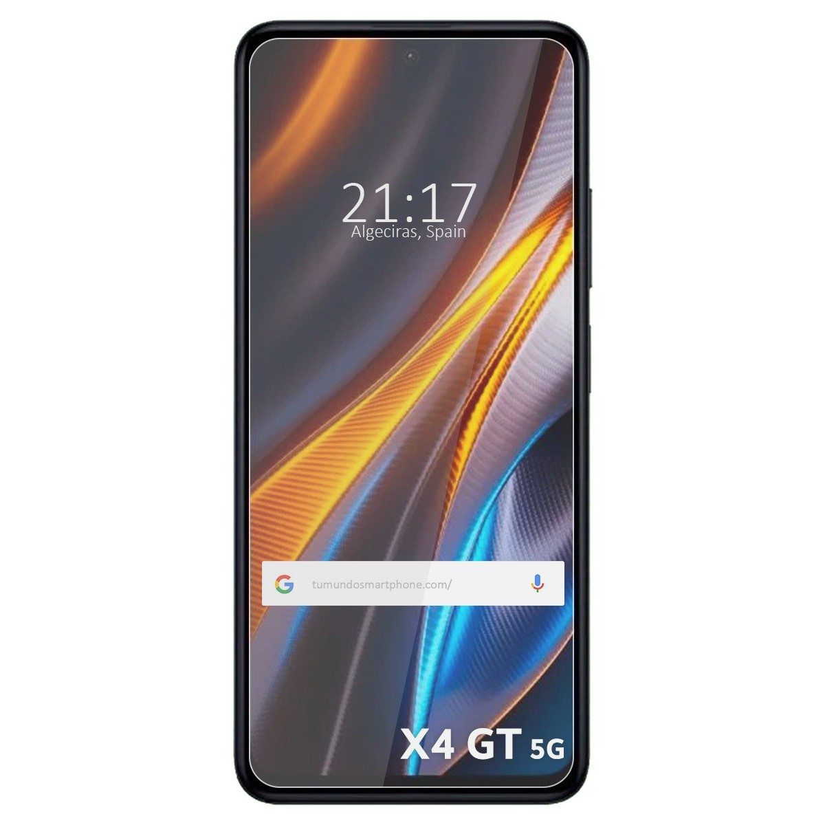 Smartphone che mostra ora e posizione, con protezione schermo.
