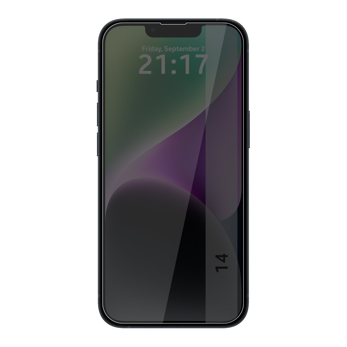 Teléfono con protector de pantalla. La pantalla muestra un reloj. El teléfono está etiquetado 14.