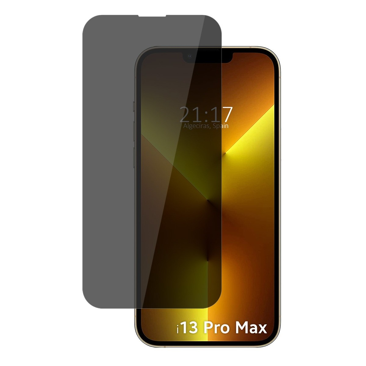 Smartphone con protector de pantalla muestra hora, fecha y sitio web.