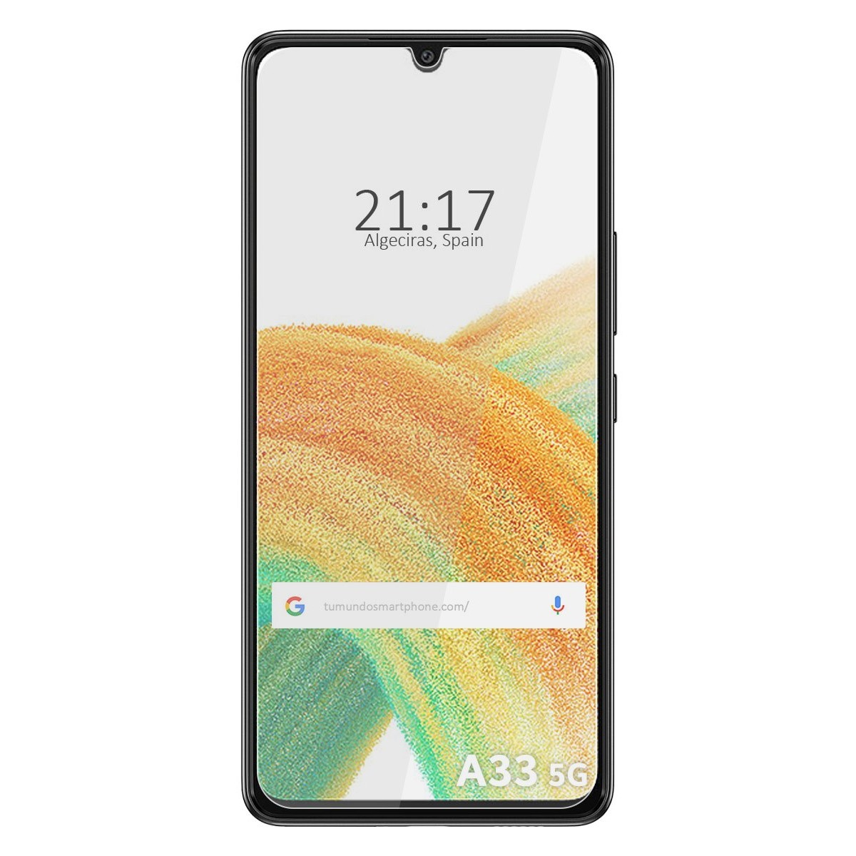 Telefono su sfondo bianco. Lo schermo mostra ora e luogo. Ha uno sfondo colorato.