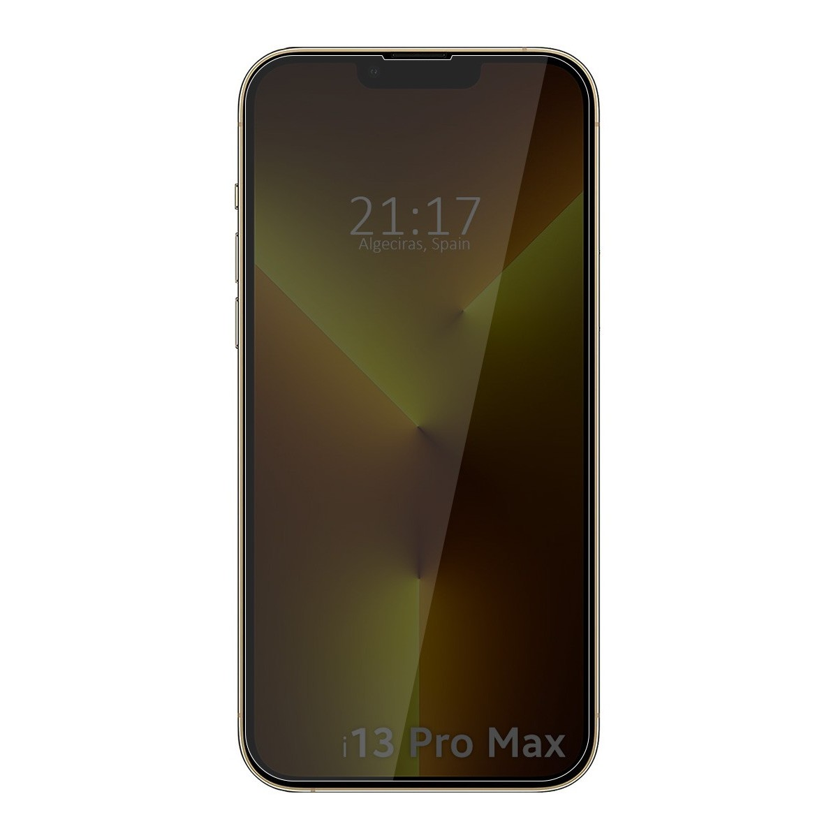 Pantalla del teléfono, fondo negro, hora mostrada, Algeciras, España, fecha arriba, i13 Pro Max abajo.
