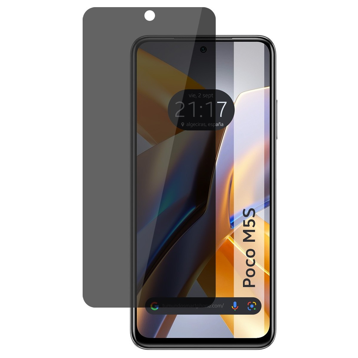 Schermo del telefono con protezione, visualizzazione dell'ora e testo 'Poco M5S'.