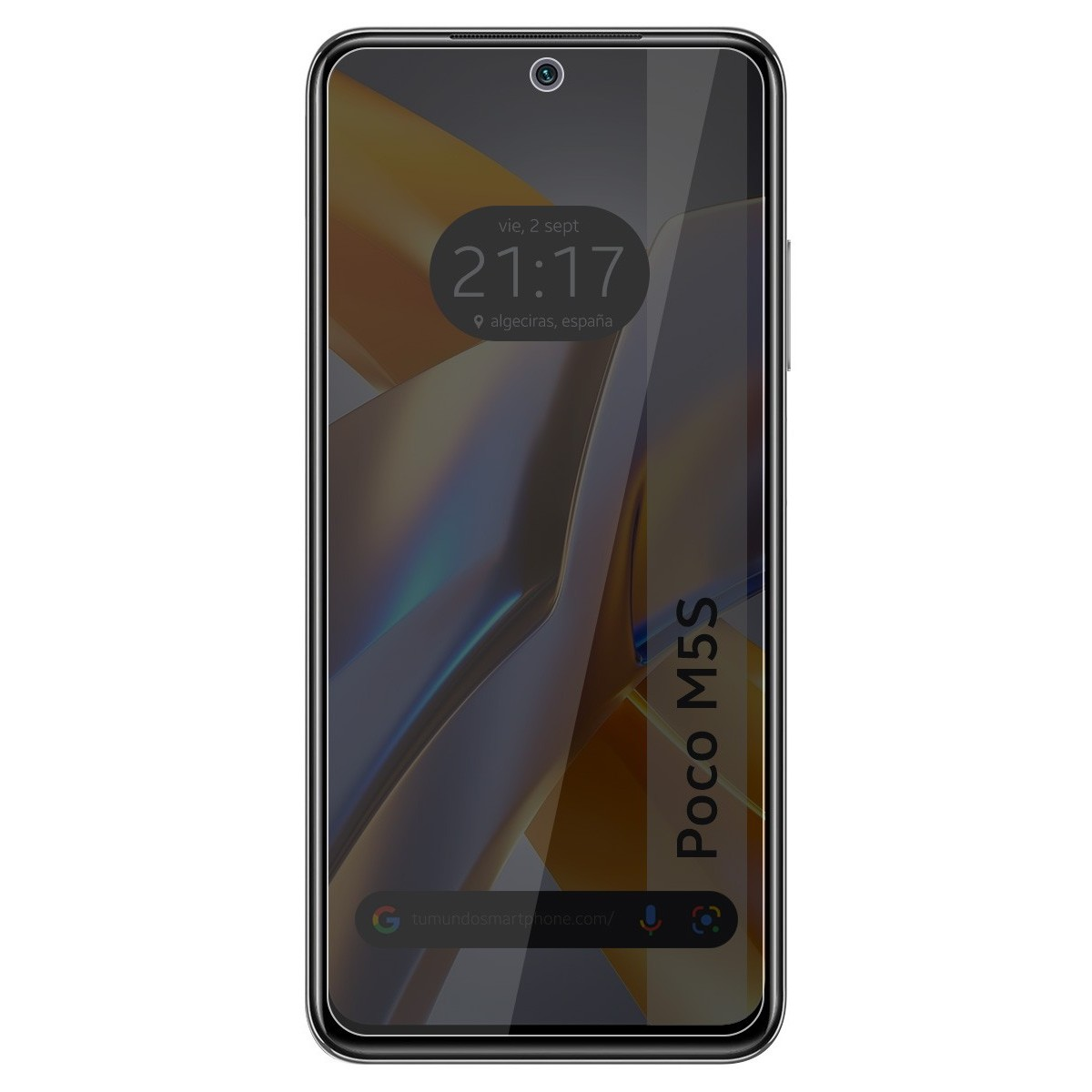 Schermo smartphone con protezione. Mostra ora, luogo e modello Poco M5S. La protezione è trasparente.