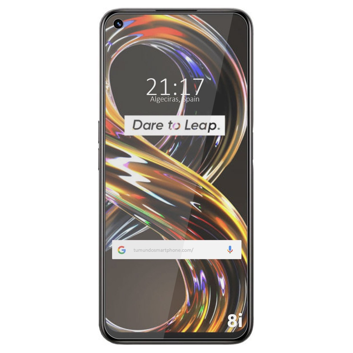 Teléfono Realme con un diseño abstracto brillante en la pantalla. La hora es 21:17, Algeciras, España.