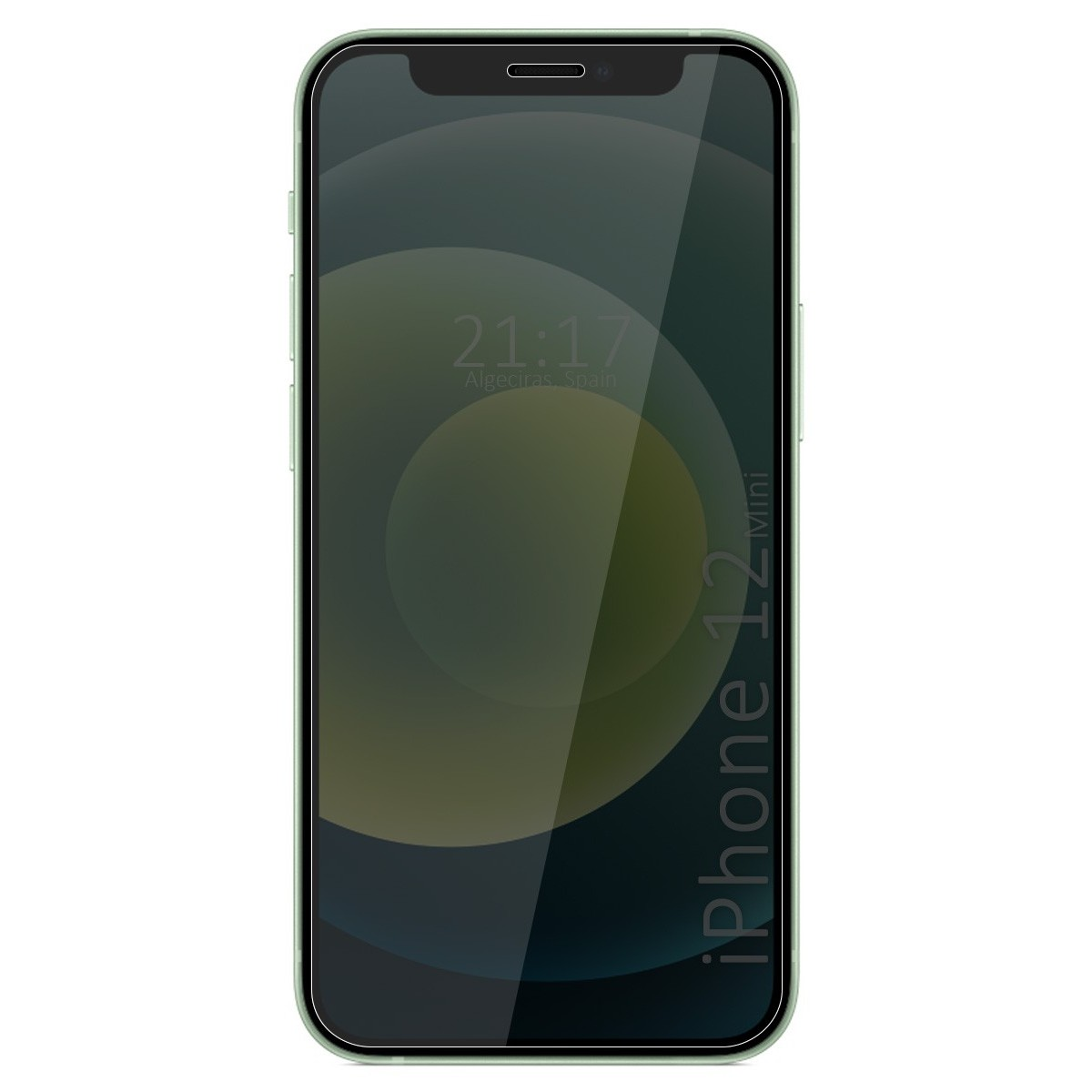 iPhone 12 Mini con cornice verde. Mostra ora e data.