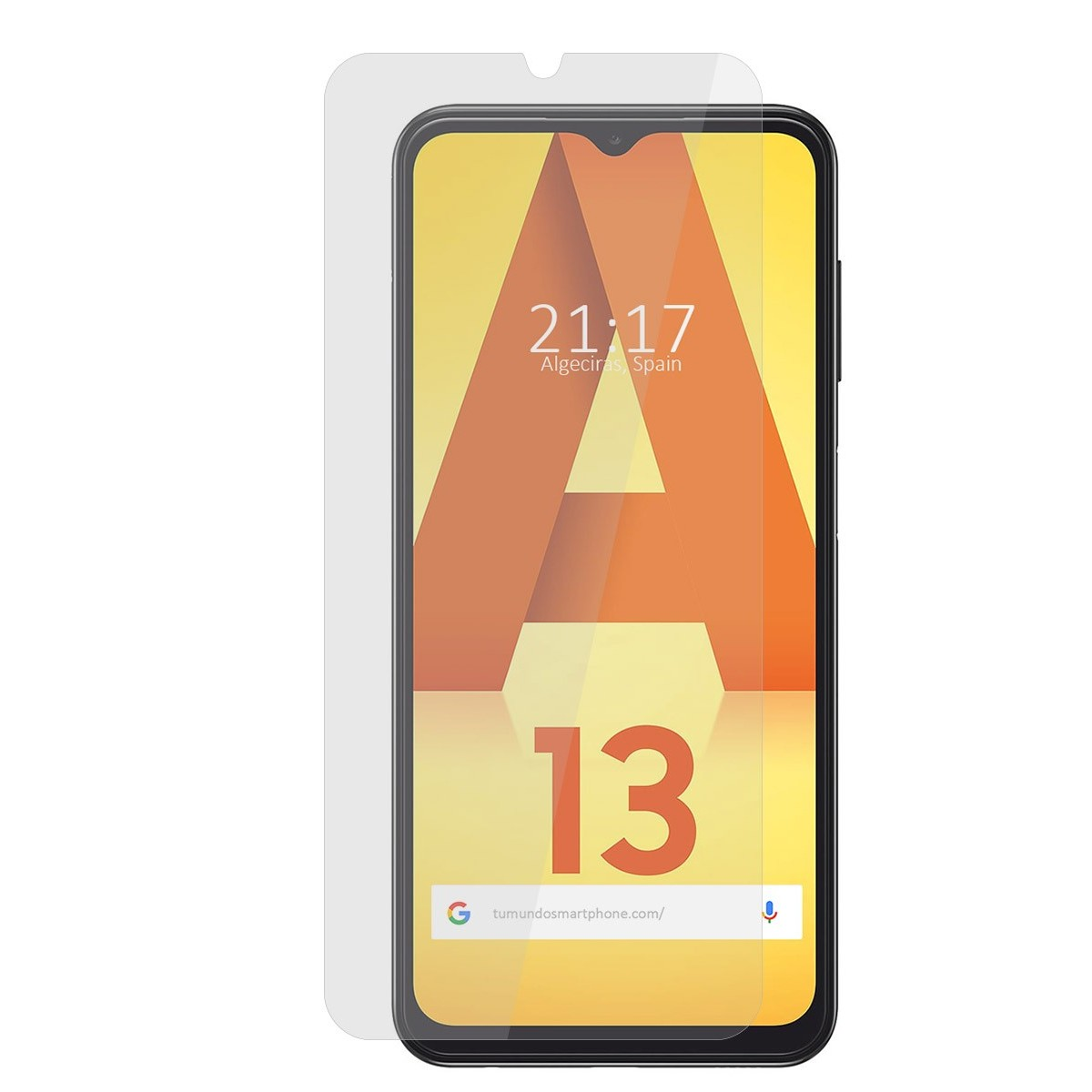 Smartphone con protector de pantalla. La pantalla muestra hora y ubicación.