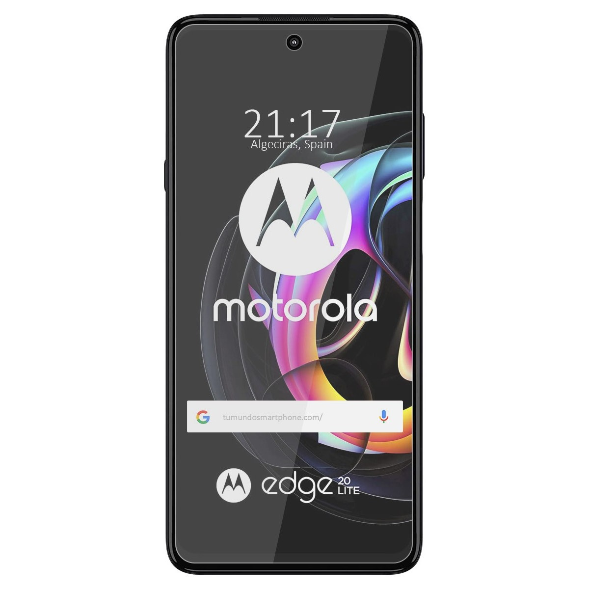 Smartphone Motorola Edge 20 Lite con protector de pantalla, mostrando hora y logo.
