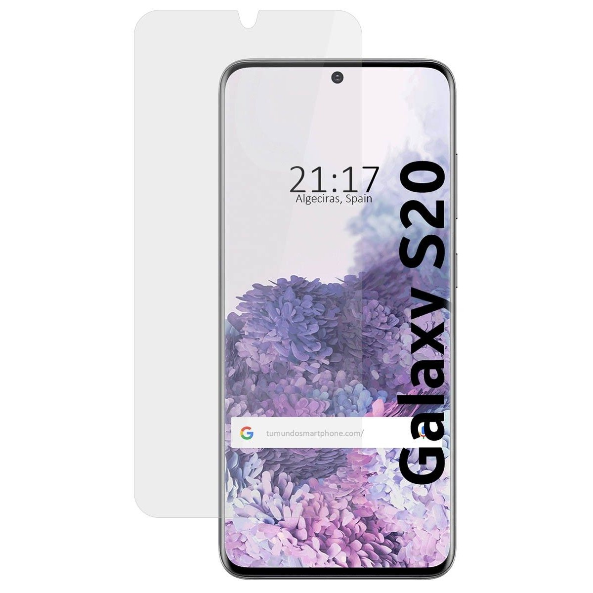 Uno smartphone con protezione schermo mostra un design floreale viola. L'ora è 21:17, modello Galaxy S20.