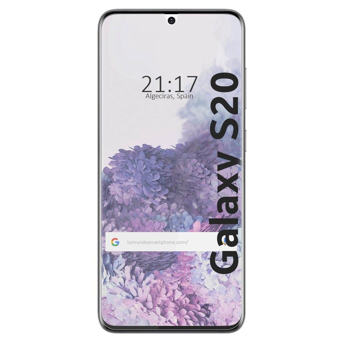 Smartphone che mostra sfondo floreale viola, ora e data, con 'Galaxy S20' scritto a destra.