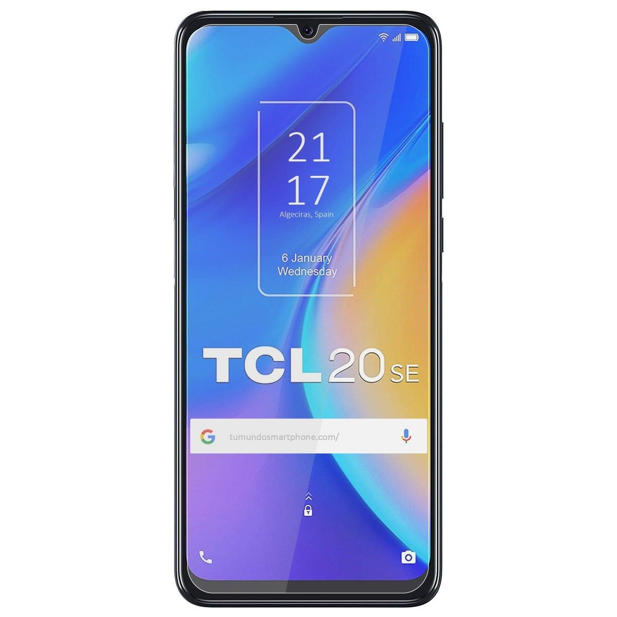Pantalla de smartphone con hora 21:17, España. Etiqueta TCL 20 SE.