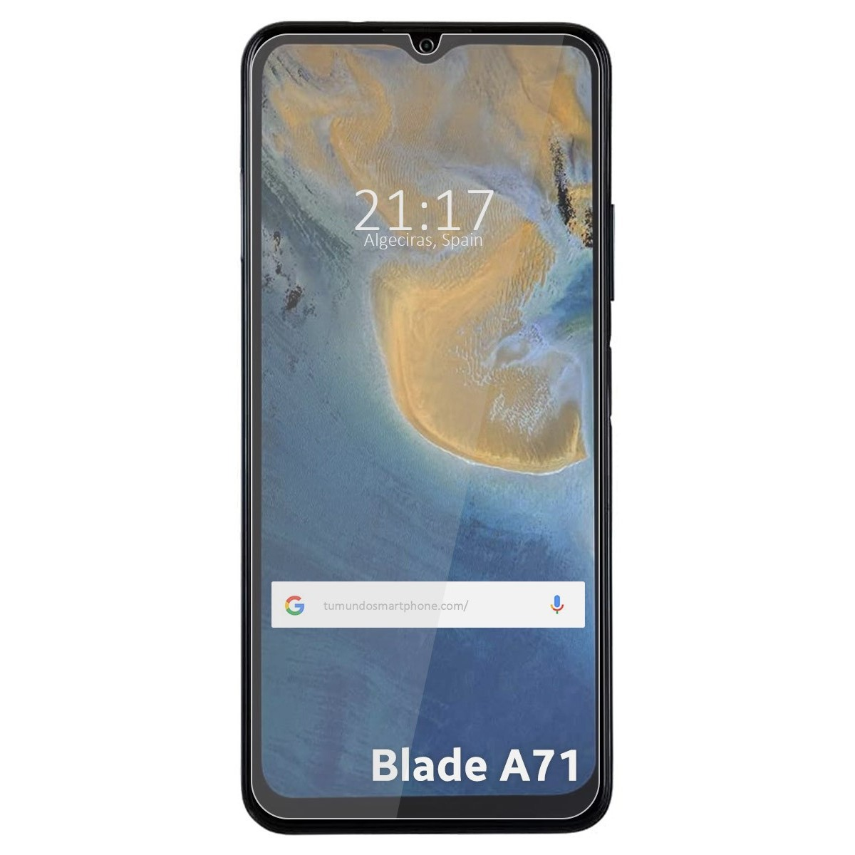 Teléfono mostrando hora y fecha. El modelo es Blade A71. Protector de pantalla a la izquierda.