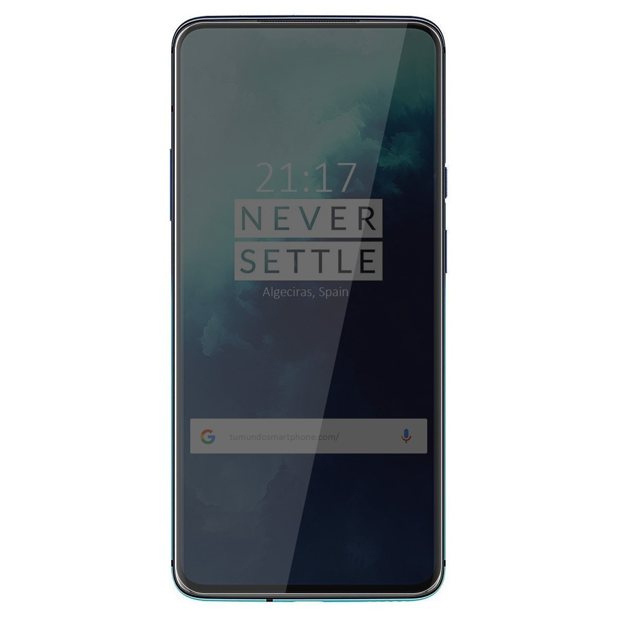 Teléfono OnePlus en blanco, muestra 21:17, barra de búsqueda. Teléfono negro con detalles azules. Texto: NEVER SETTLE.