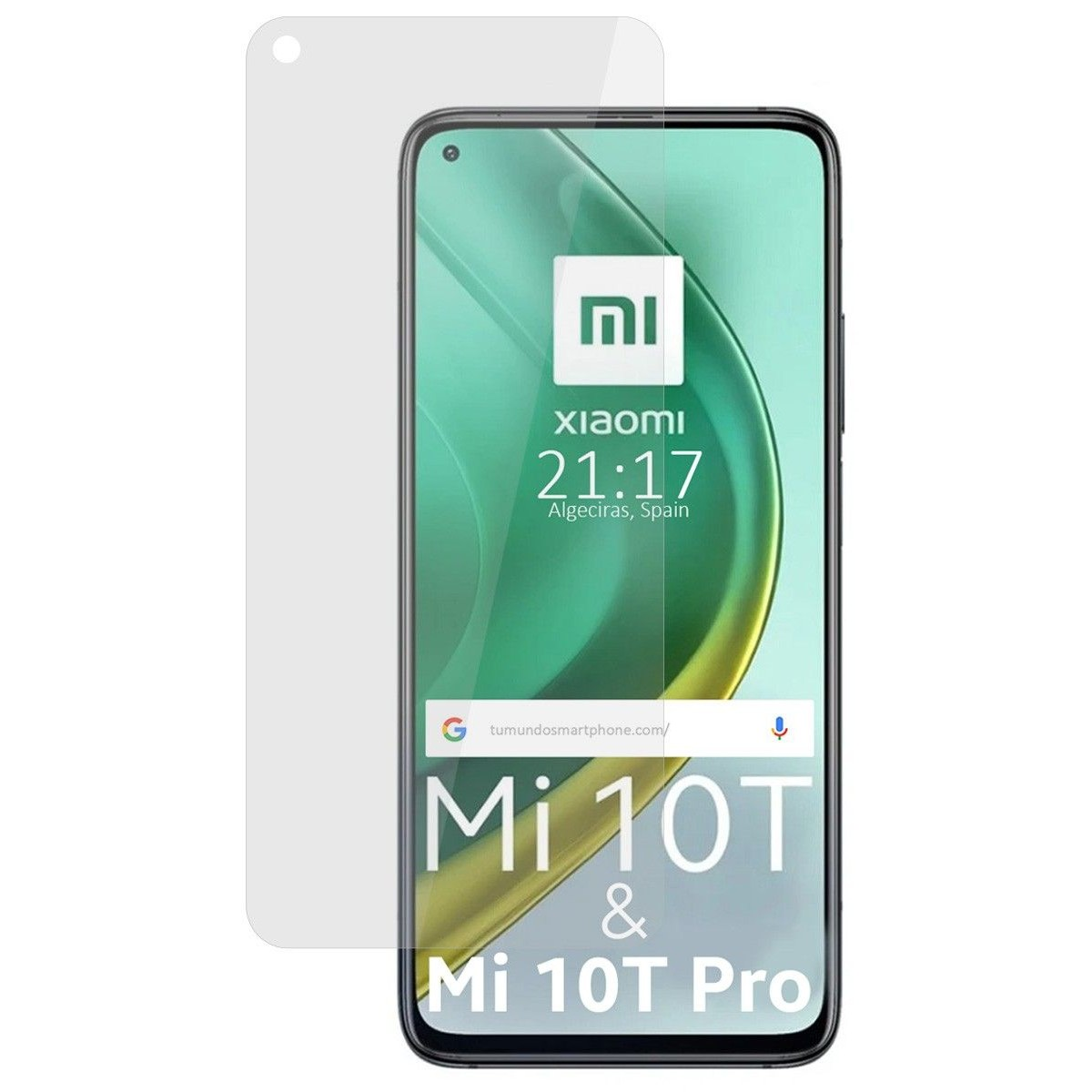 Xiaomi Mi 10T & Mi 10T Pro con protector pantalla. Muestra hora, fecha. Barra web.