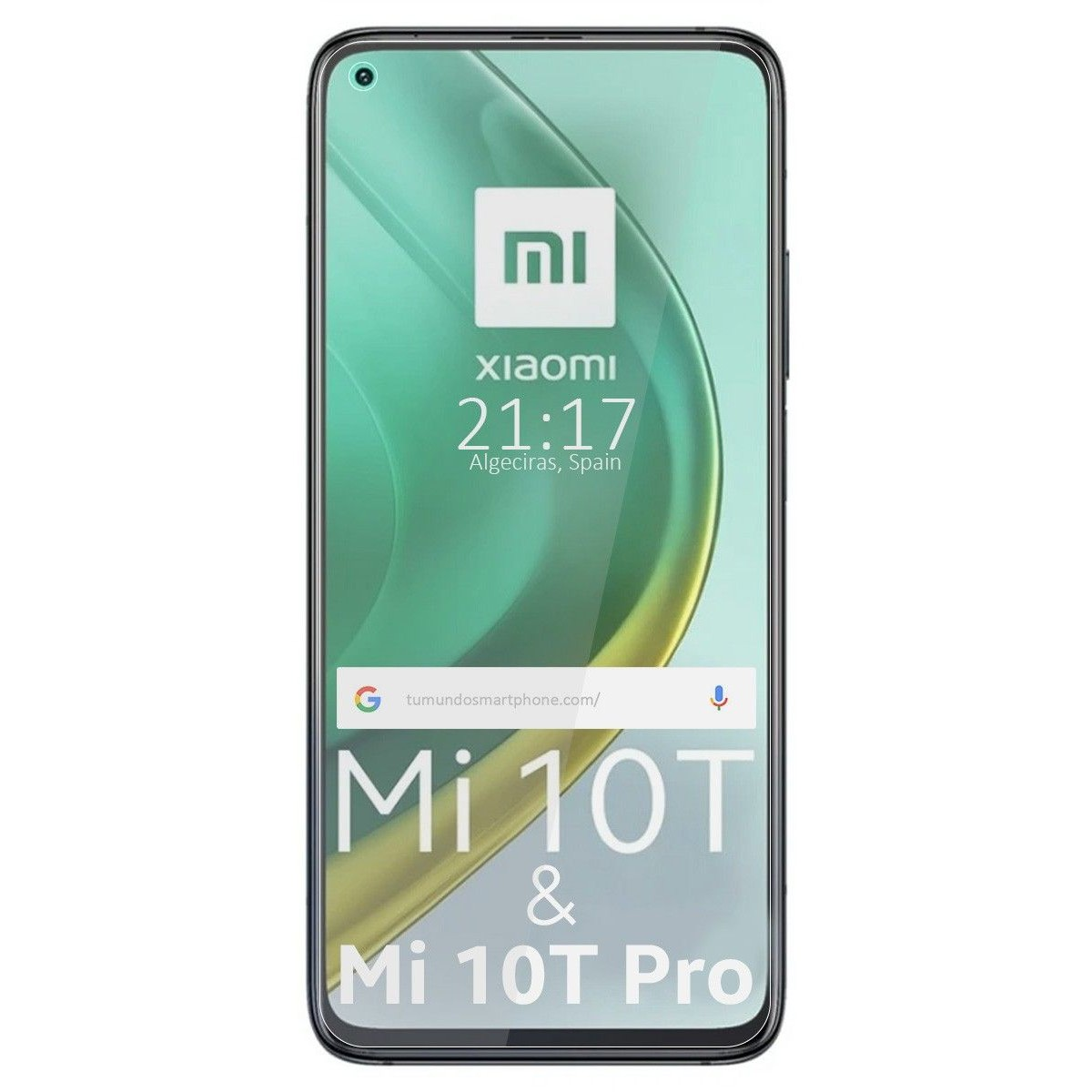 Smartphones Xiaomi Mi 10T y Mi 10T Pro, mostrando la hora y una barra de búsqueda.