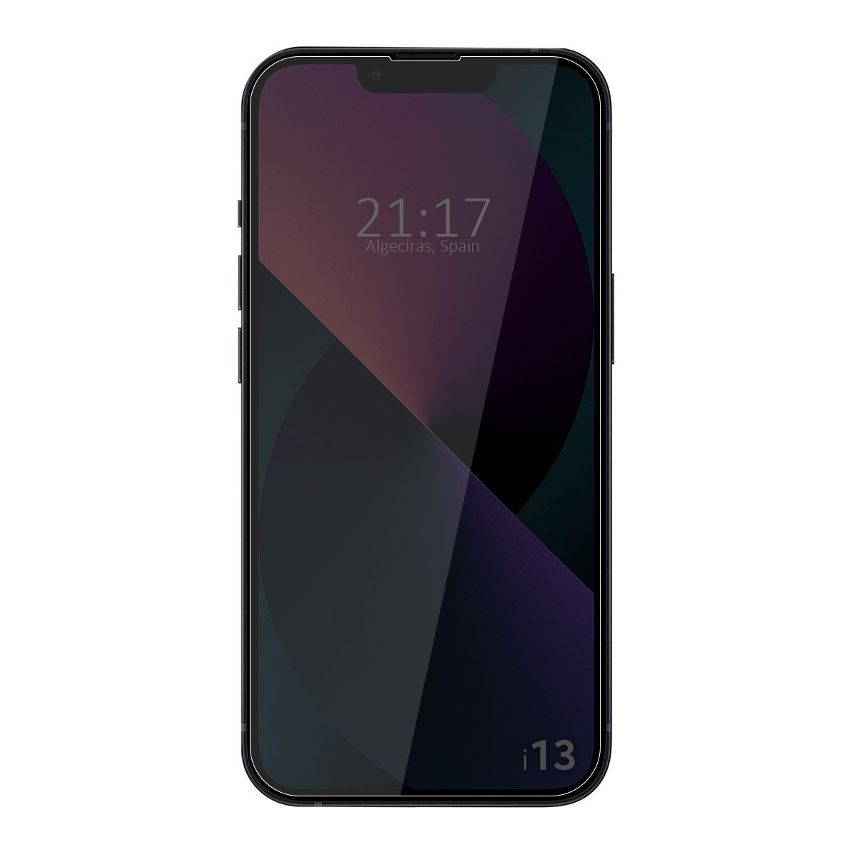 Un iPhone negro muestra la hora. La pantalla muestra un degradado púrpura oscuro y negro.