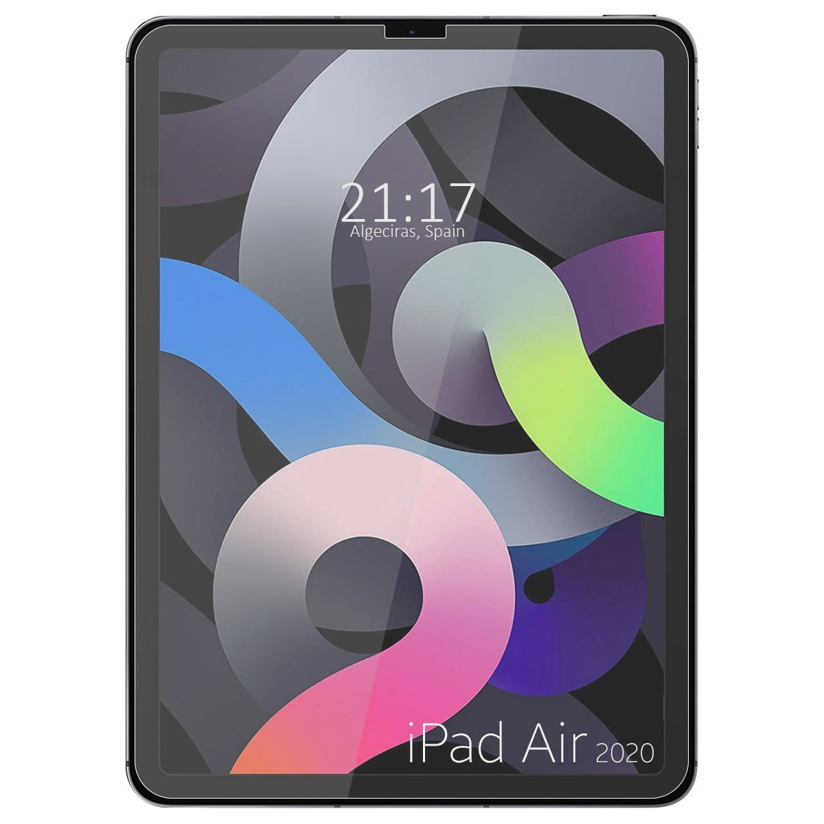 Un tablet con una protezione per lo schermo, che mostra un design astratto colorato e il testo iPad Air 2020.