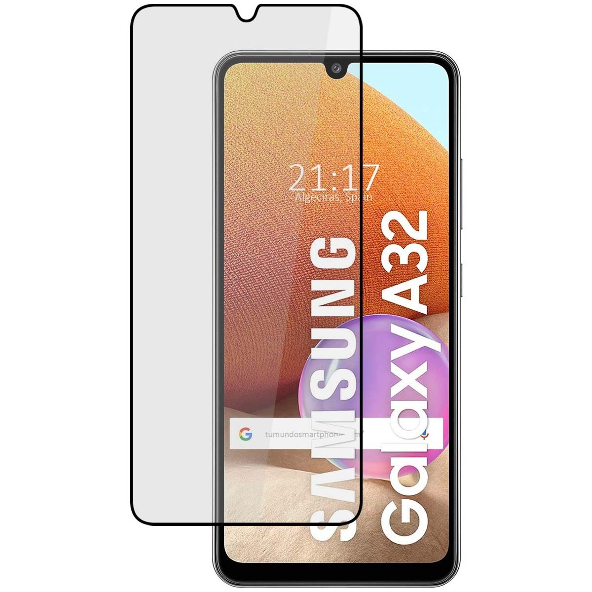 Un telefono e una protezione schermo. Il telefono mostra ora e data. Testo: 'Samsung Galaxy A32'.