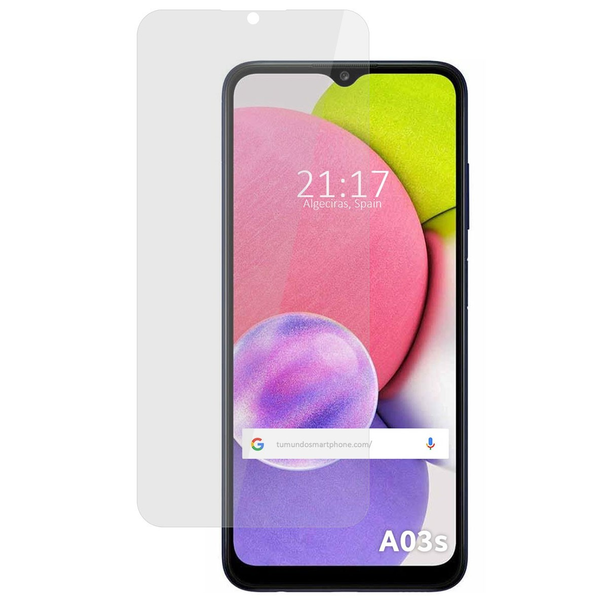 Smartphone con protezione schermo, ora, Algeciras, Spagna, con sfondo colorato.