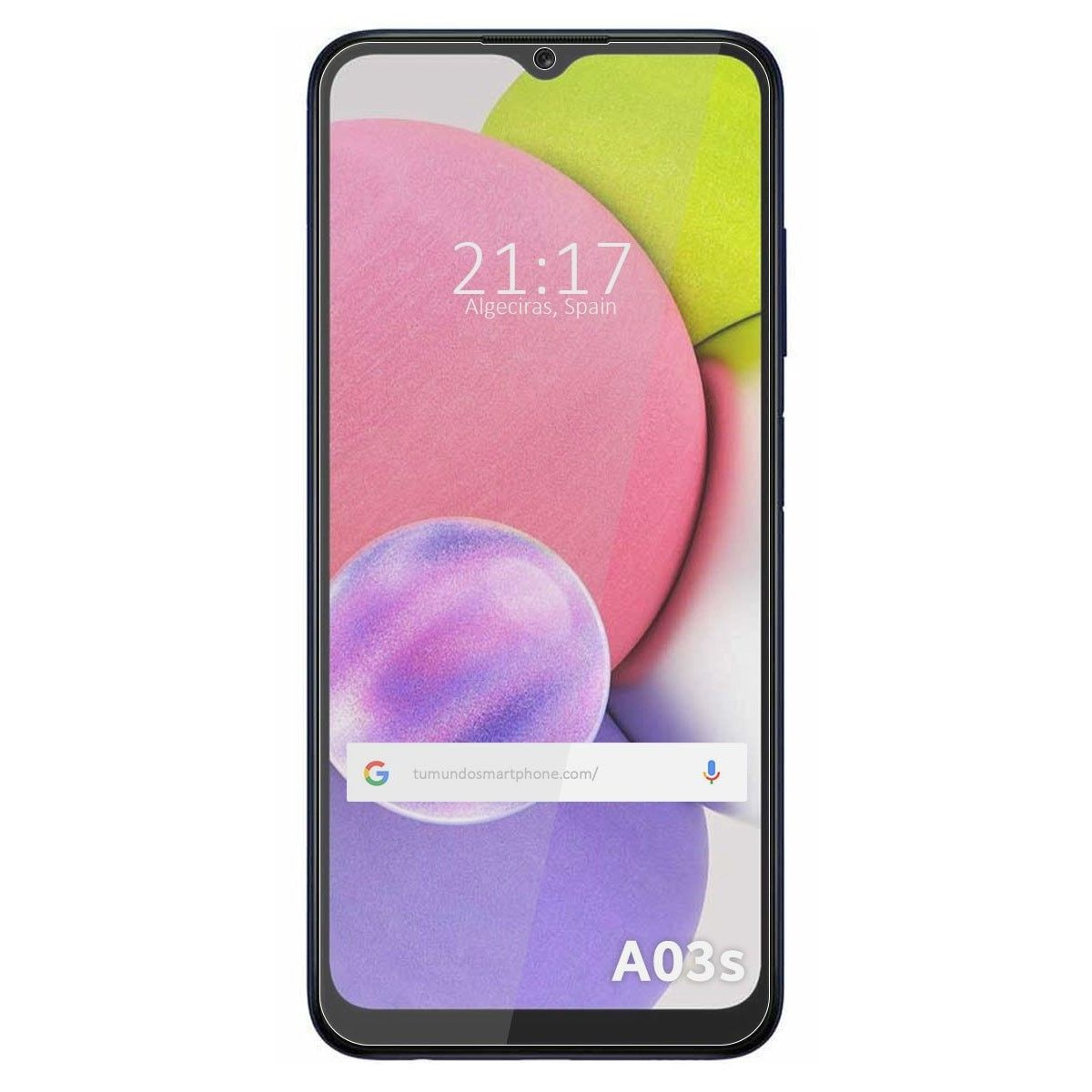 Lo smartphone mostra ora, data, forme rosa e viola. Testo A03s nella parte inferiore dello schermo.