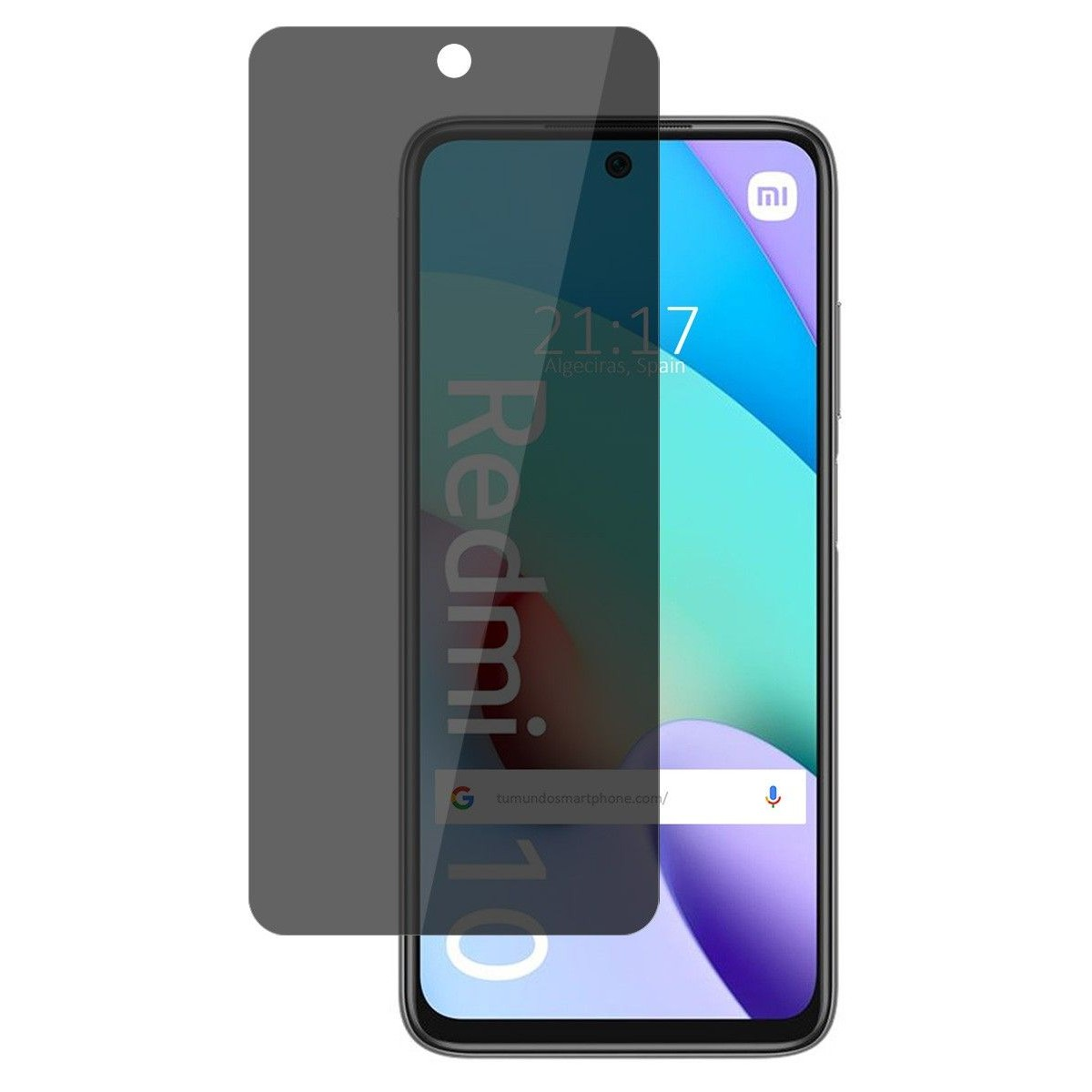 Redmi 10 con protezione schermo privacy, che mostra ora e Algeciras, Spagna.