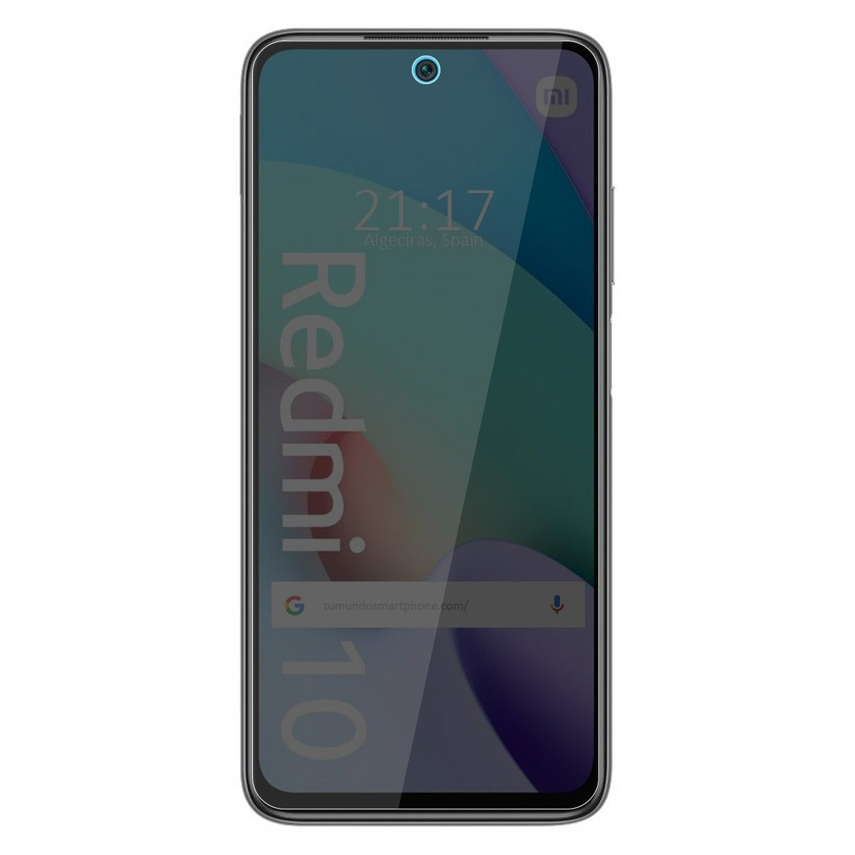 Smartphone con schermo che mostra l'ora e l'indirizzo web, nero.