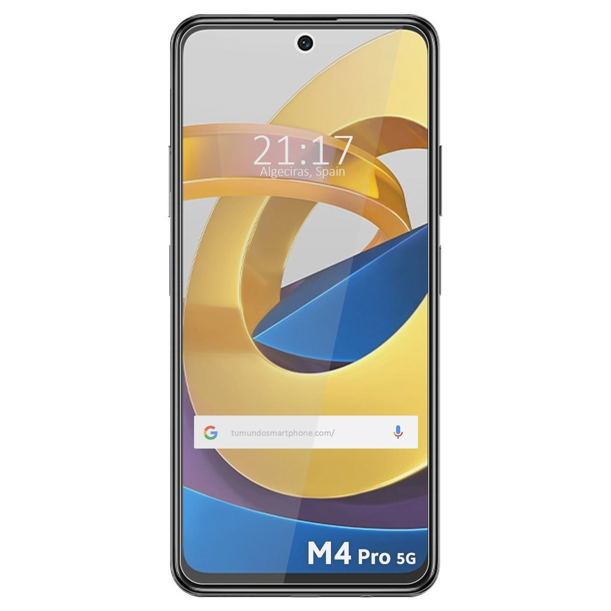 Smartphone con design astratto oro e blu. L'ora è 21:17, Algeciras, Spagna. Il telefono è M4 Pro 5G.